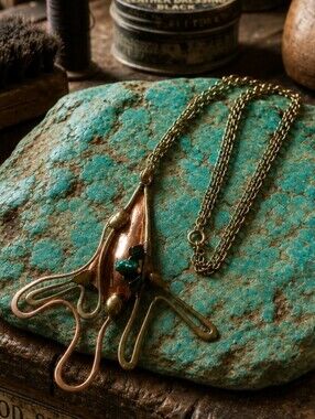 Modern Copper Abstract Artisan Handmade Turquoise Color Chip Necklace Signed